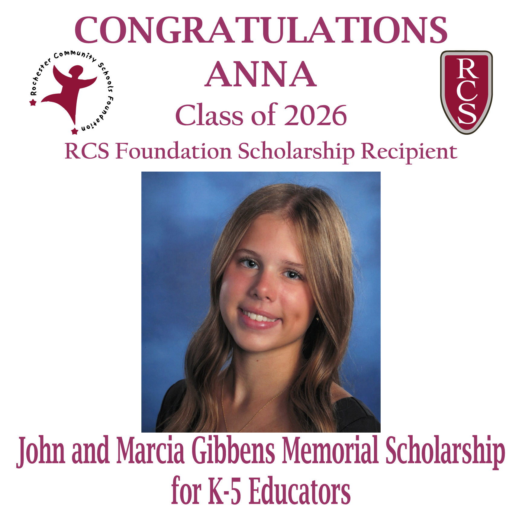2026 Recipient of John and Marcia Gibbens Memorial Scholarship for K-5 Educators