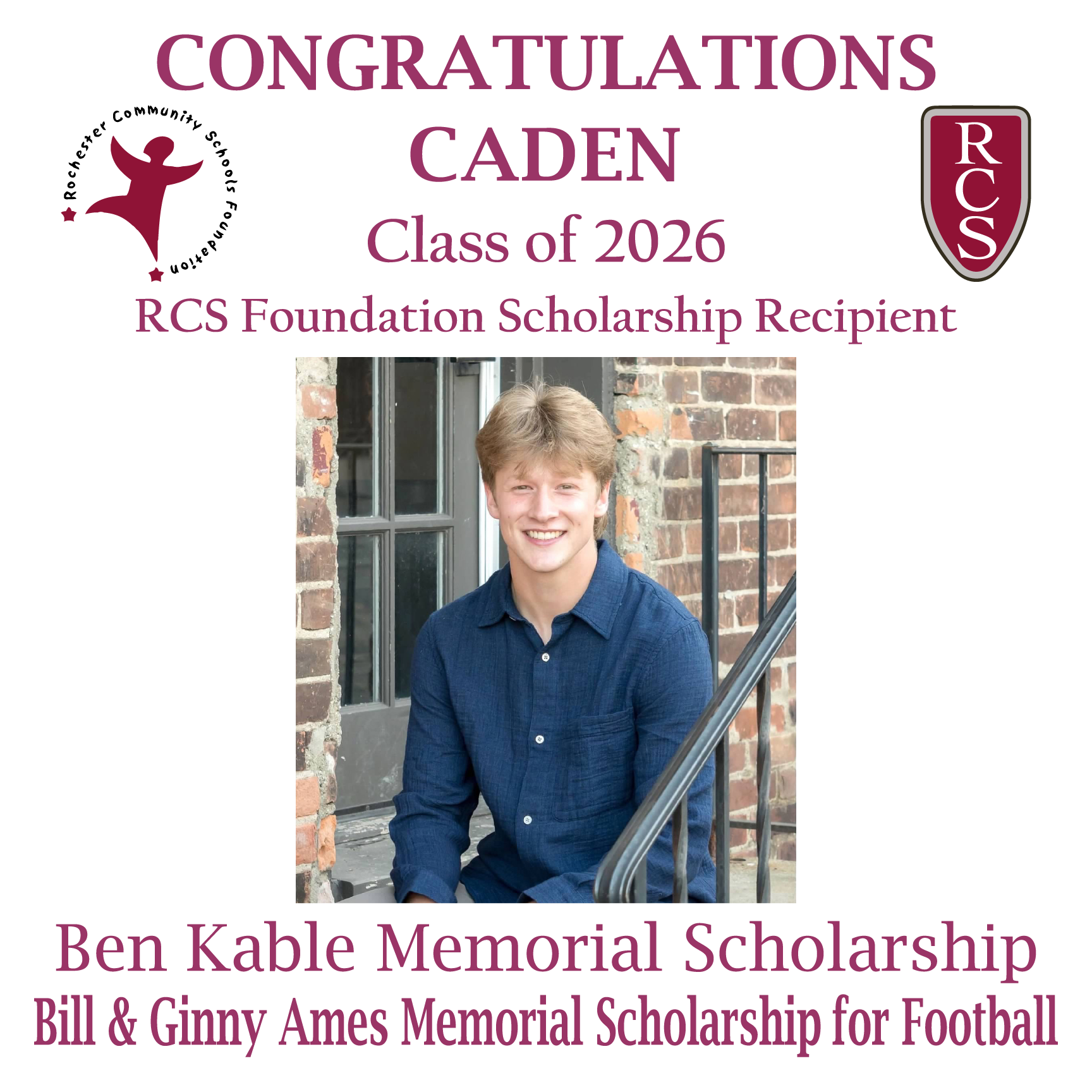 2026 Recipient of Ben Kable Memorial & Bill and Ginny Ames Memorial for Football Scholarships