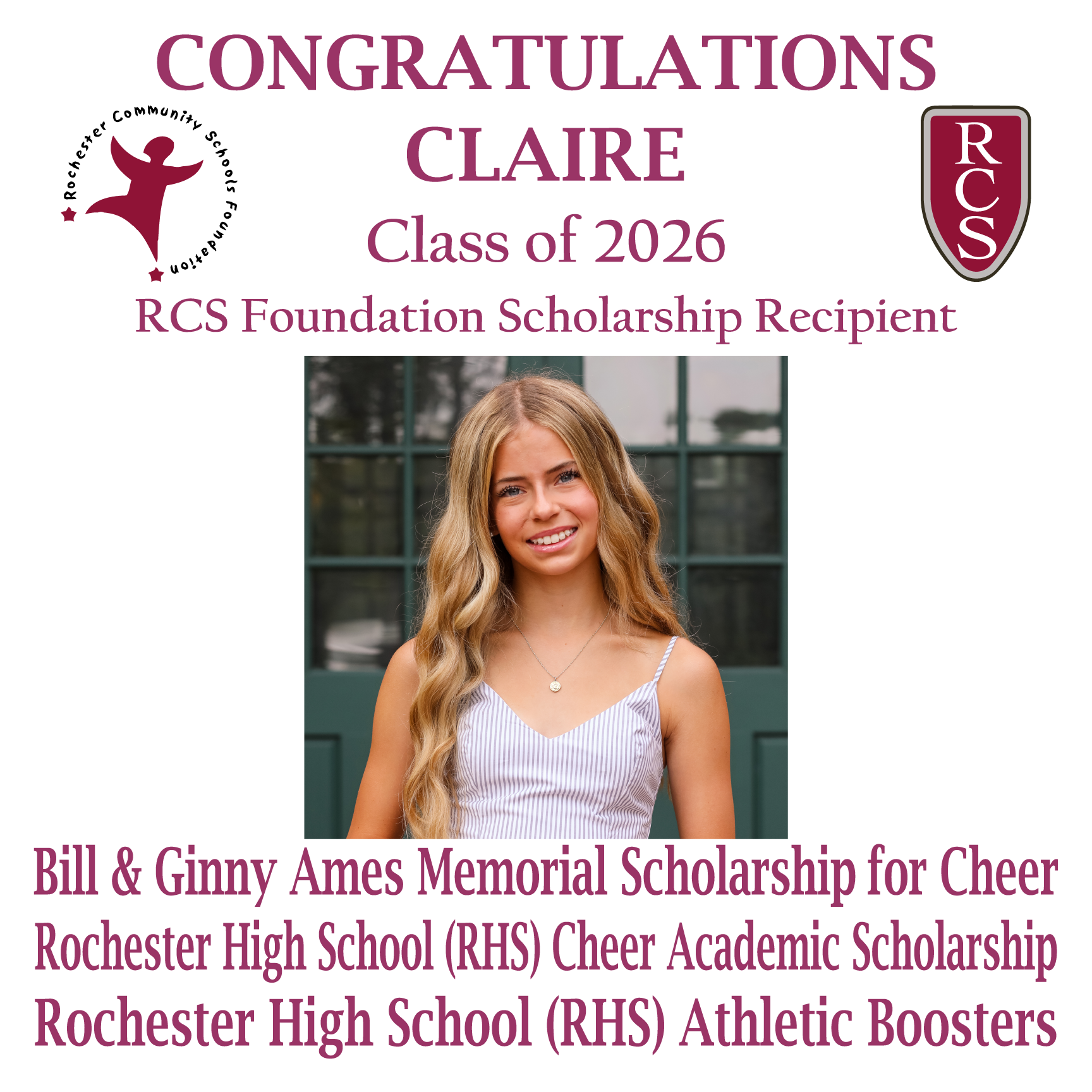 2026 Recipient of Bill and Ginny Ames Memorial for Cheer & RHS Athletic Boosters & RHS Cheer Academic Scholarships
