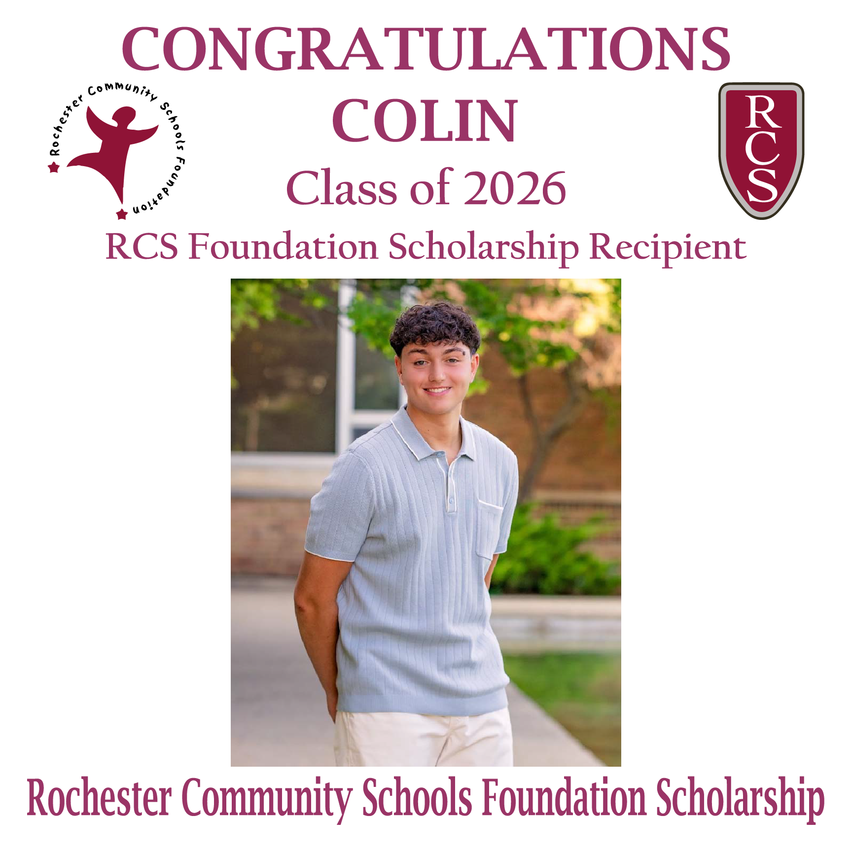 2026 Recipient of Rochester Community Schools Foundation Scholarship