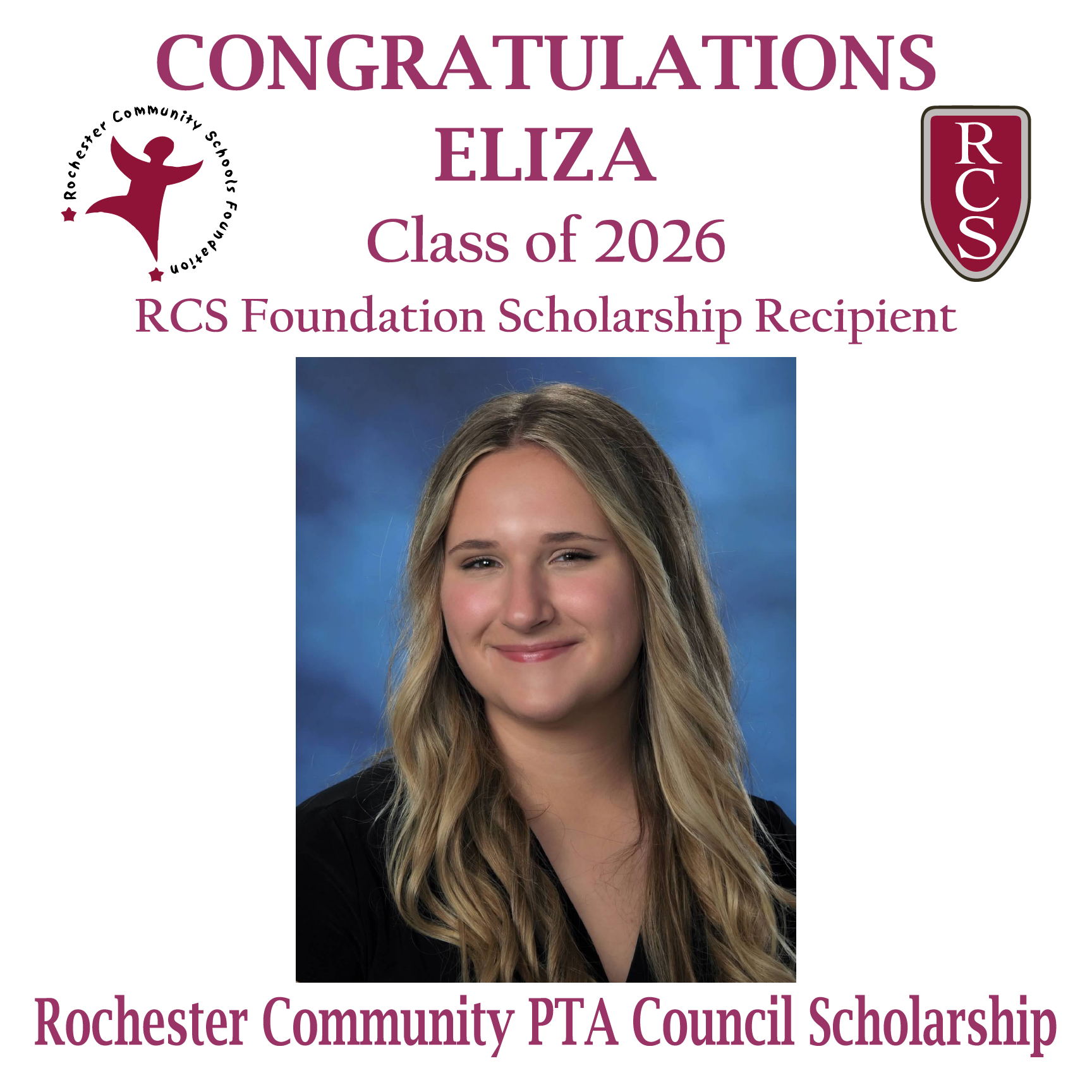 2026 Recipient of Rochester Community PTA Council Scholarship