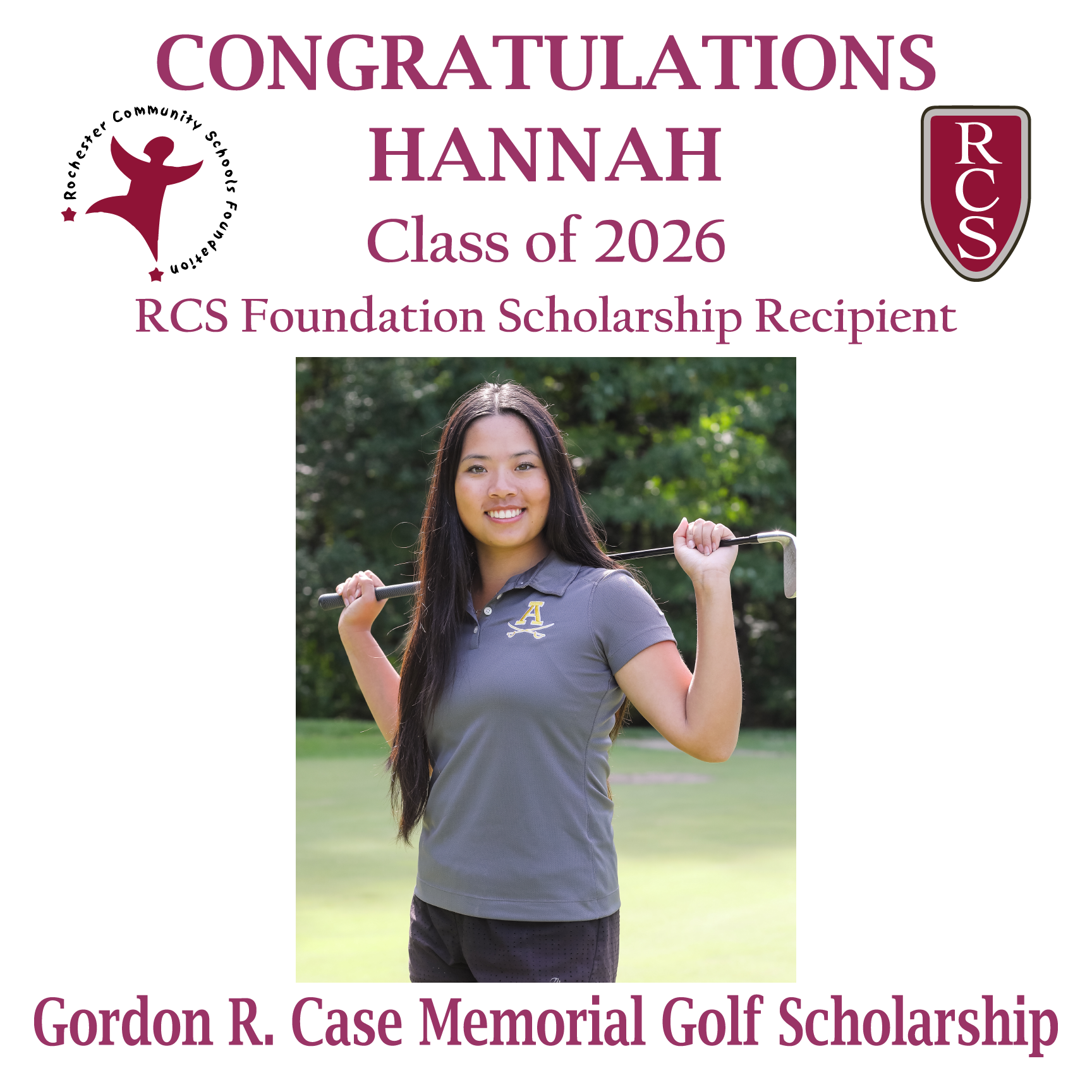 2026 Recipient of Gordon R Case Memorial Golf Scholarship