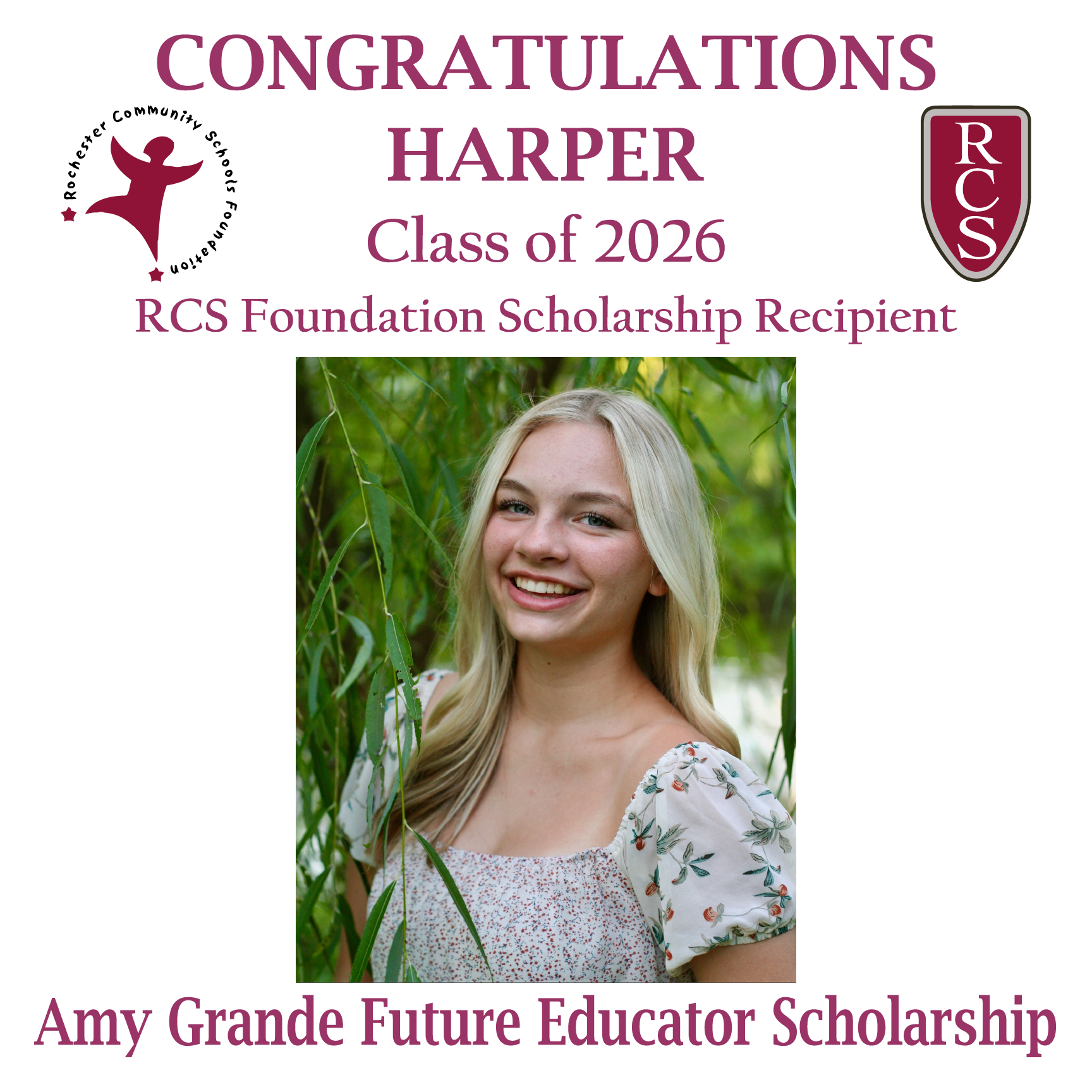 2026 Recipient of Amy Grande Future Educator Scholarship