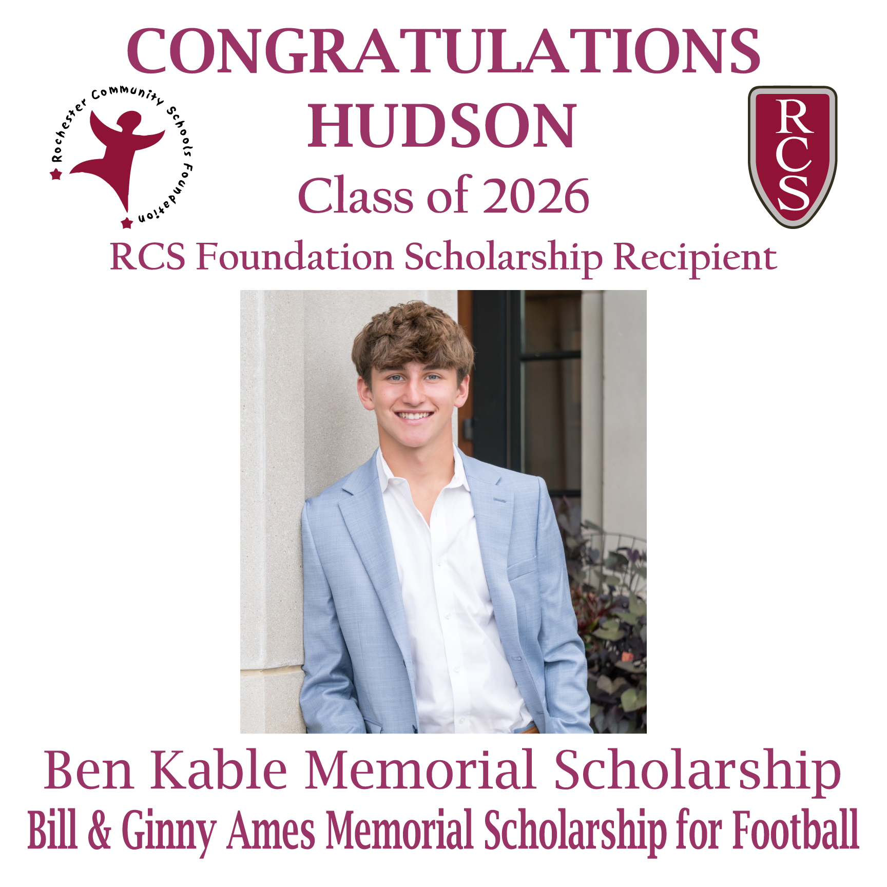 2026 Recipient of Ben Kable Memorial & Bill and Ginny Ames Memorial for Football Scholarships