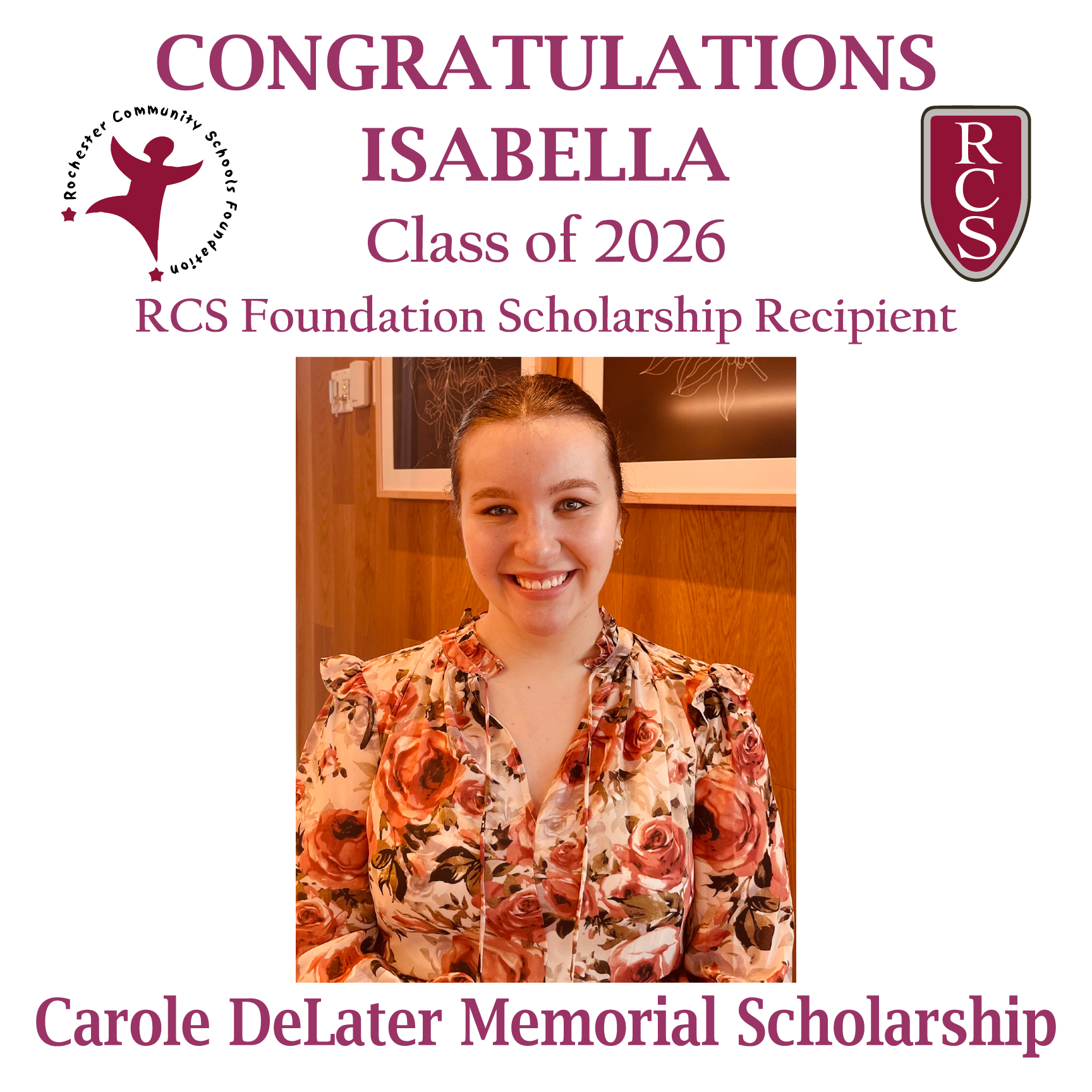 2026 Recipient of Carole DeLater Memorial Scholarship