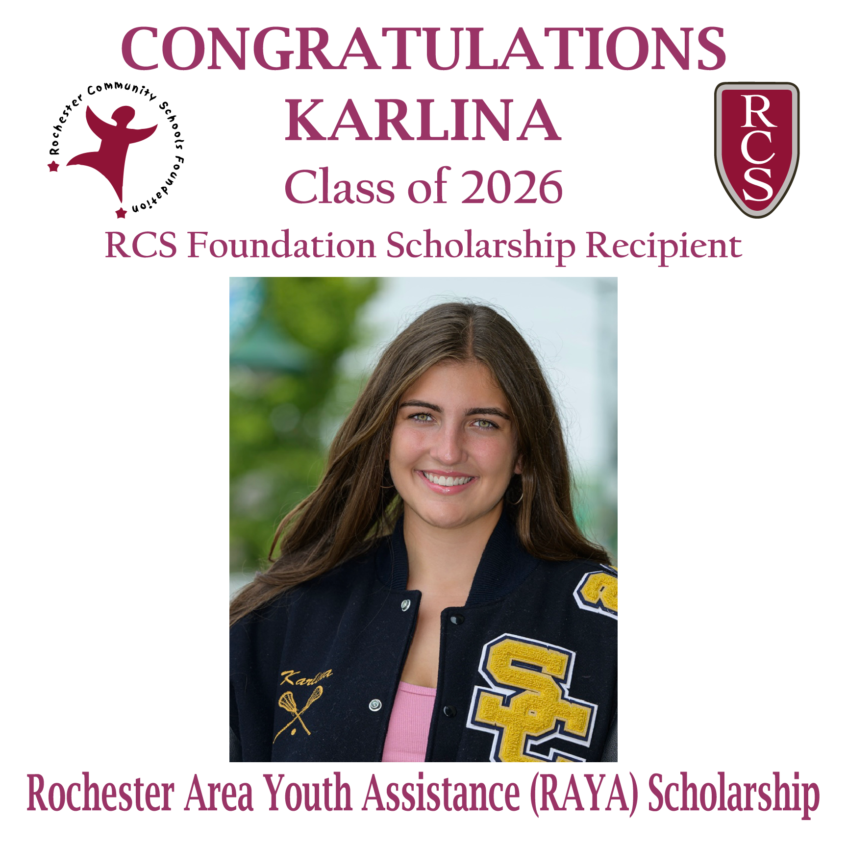 2026 Recipient of Rochester Area Youth Assistance (RAYA) Scholarship