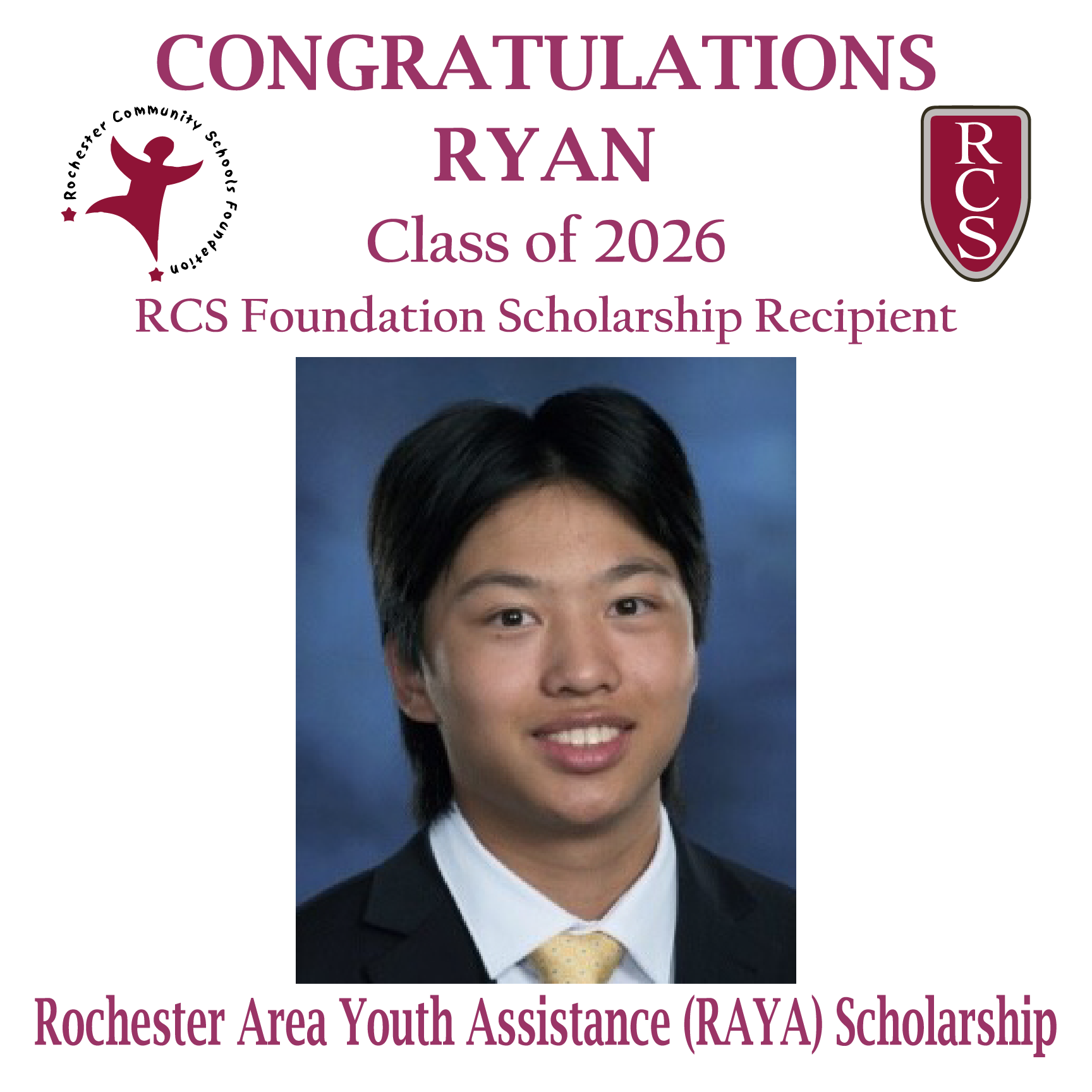 2026 Recipient of Rochester Area Youth Assistance (RAYA) Scholarship