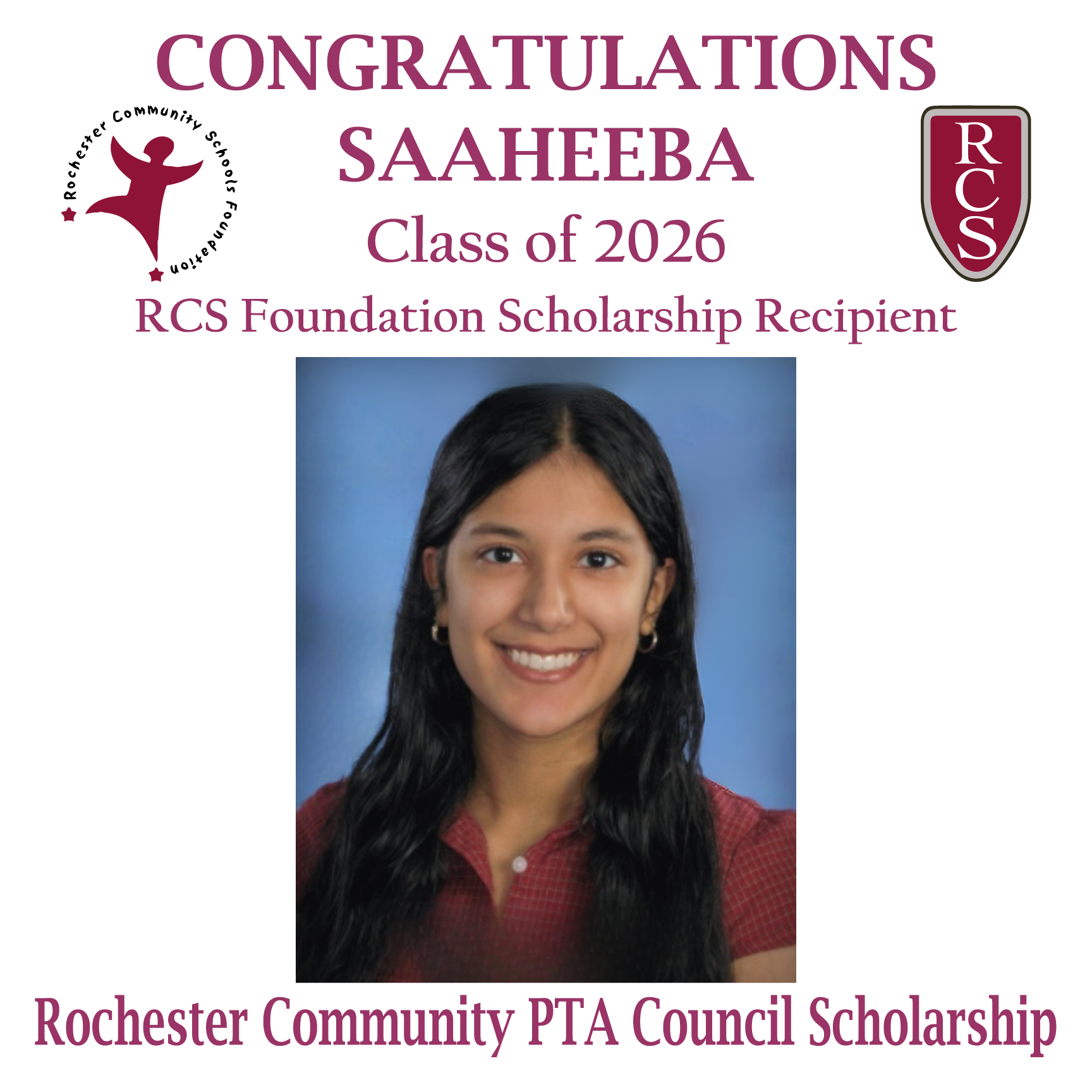 2026 Recipient of Rochester Community PTA Council Scholarship
