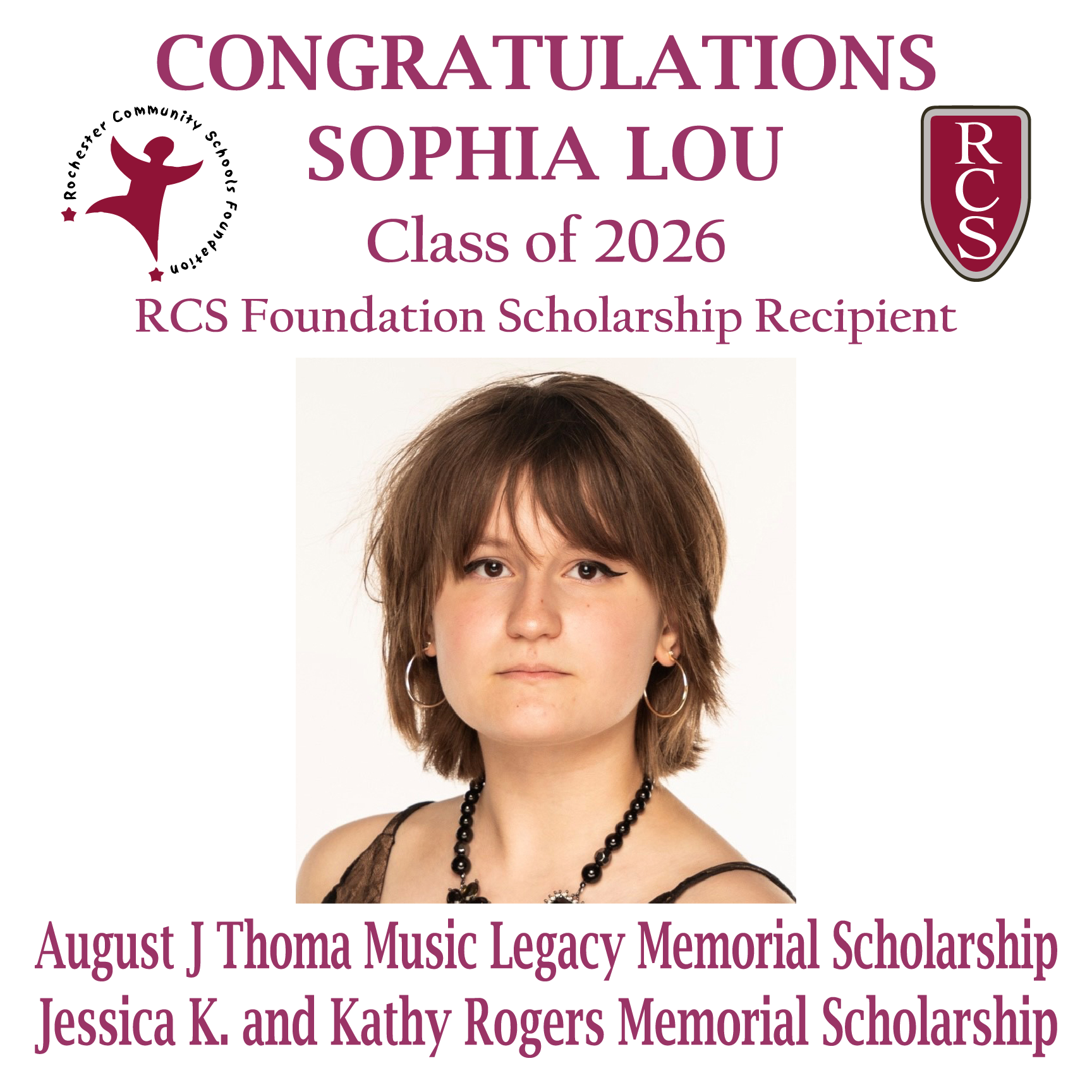 2026 Recipient of August J. Thoma Music Legacy Memorial & Jessica K. and Kathy Rogers Memorial Scholarships