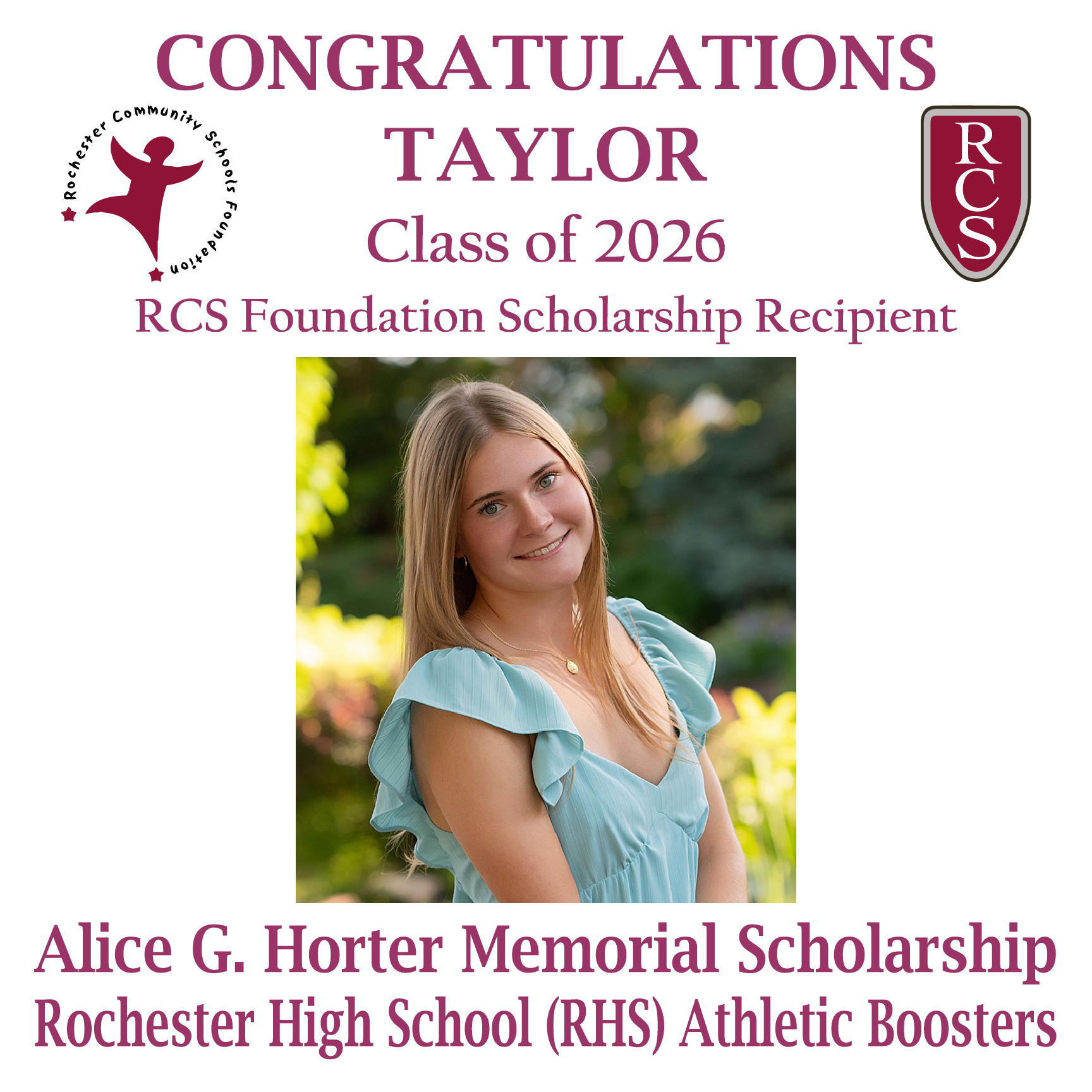 2026 Recipient of Alice G. Horter Memorial & RHS Athletic Boosters Scholarships